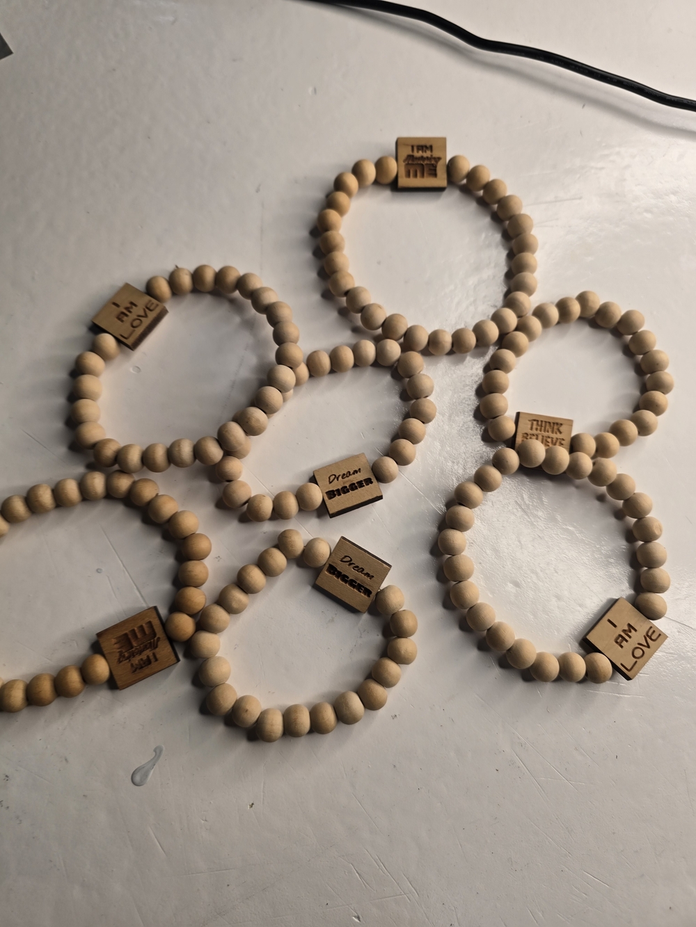 Wood Bead Stretch Bracelet with Inspirational Tag - Natural Beige